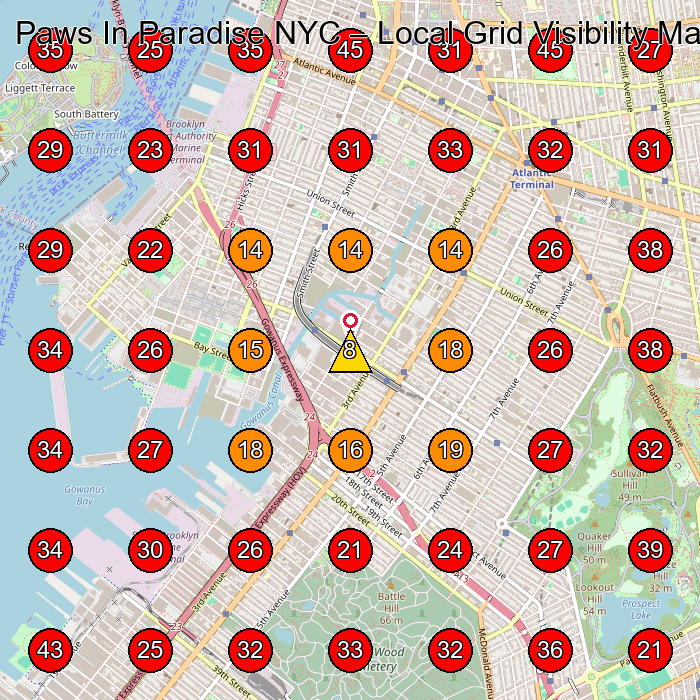 Paws In Paradise NYC GeoGrid visibility map for Veterinarian in Brooklyn